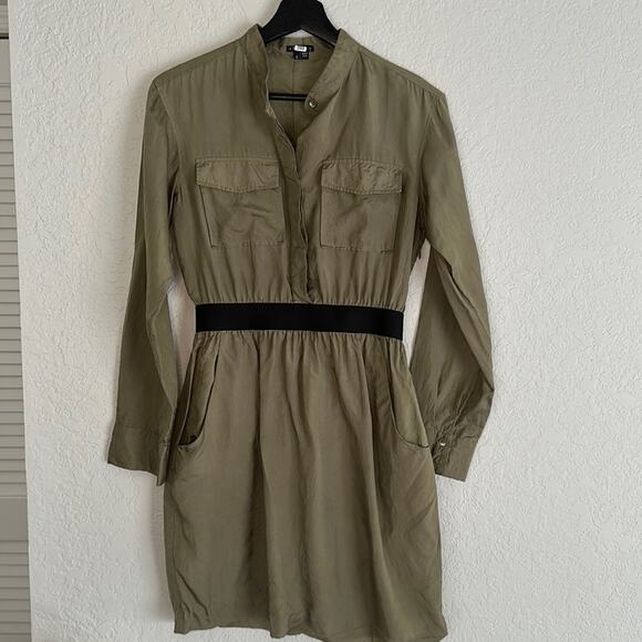 Theory Olive Green SILK Utility Shirt Dress Size 2 Preppy Button Front Mini - Picture 2 of 10